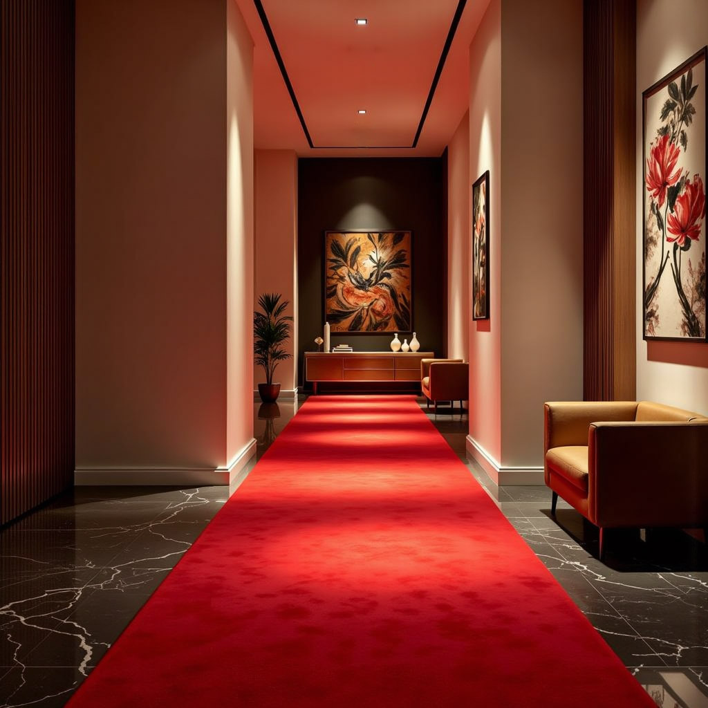 Custom-sized red carpet for dining room