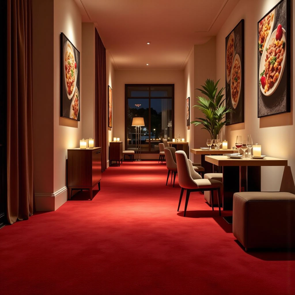 Red carpet as a dining space divider